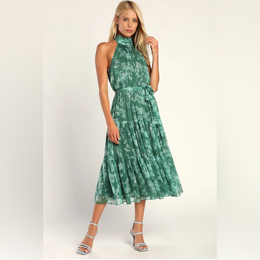 Lulu’s Float to You Green Floral Print Halter Tiered Midi Dress